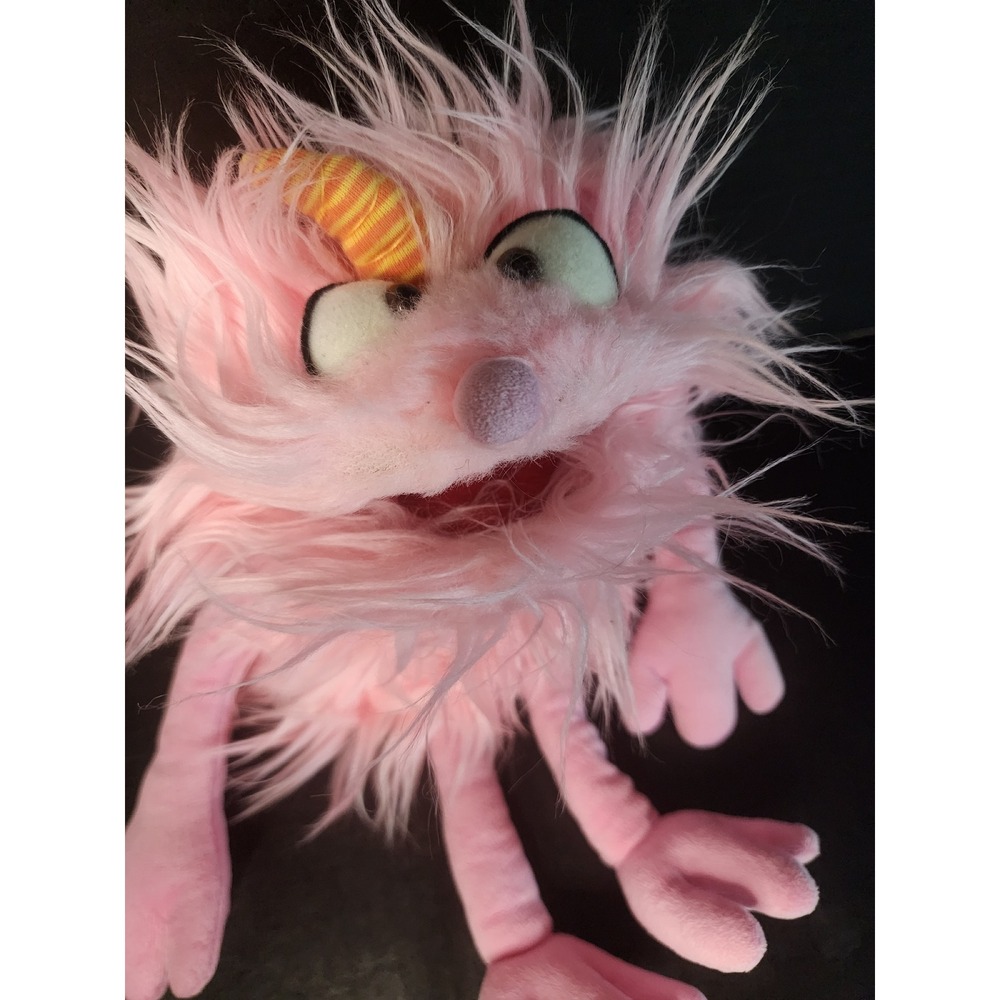 Pink Shaggy Monster Hand Puppet Fuzzy Plush Toy with Horn and Movable Mouth